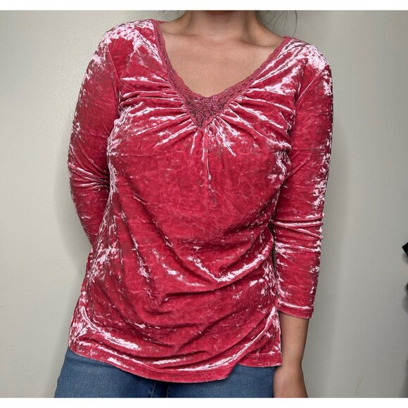 American Vintage Tops - Vintage 90s Y2k 2000s Velvet V neck blouse shirt trendy retro 2000s medium
